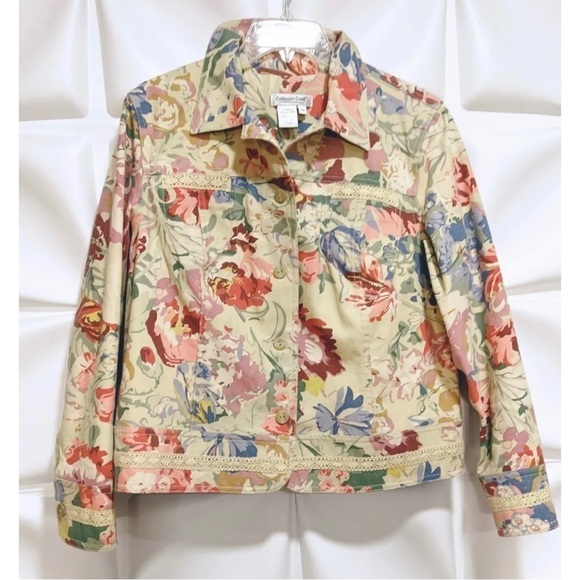 Coldwater Creek Sz PM P M Floral Print Crochet Detail Spring Blazer Jacket Women - Picture 1 of 5